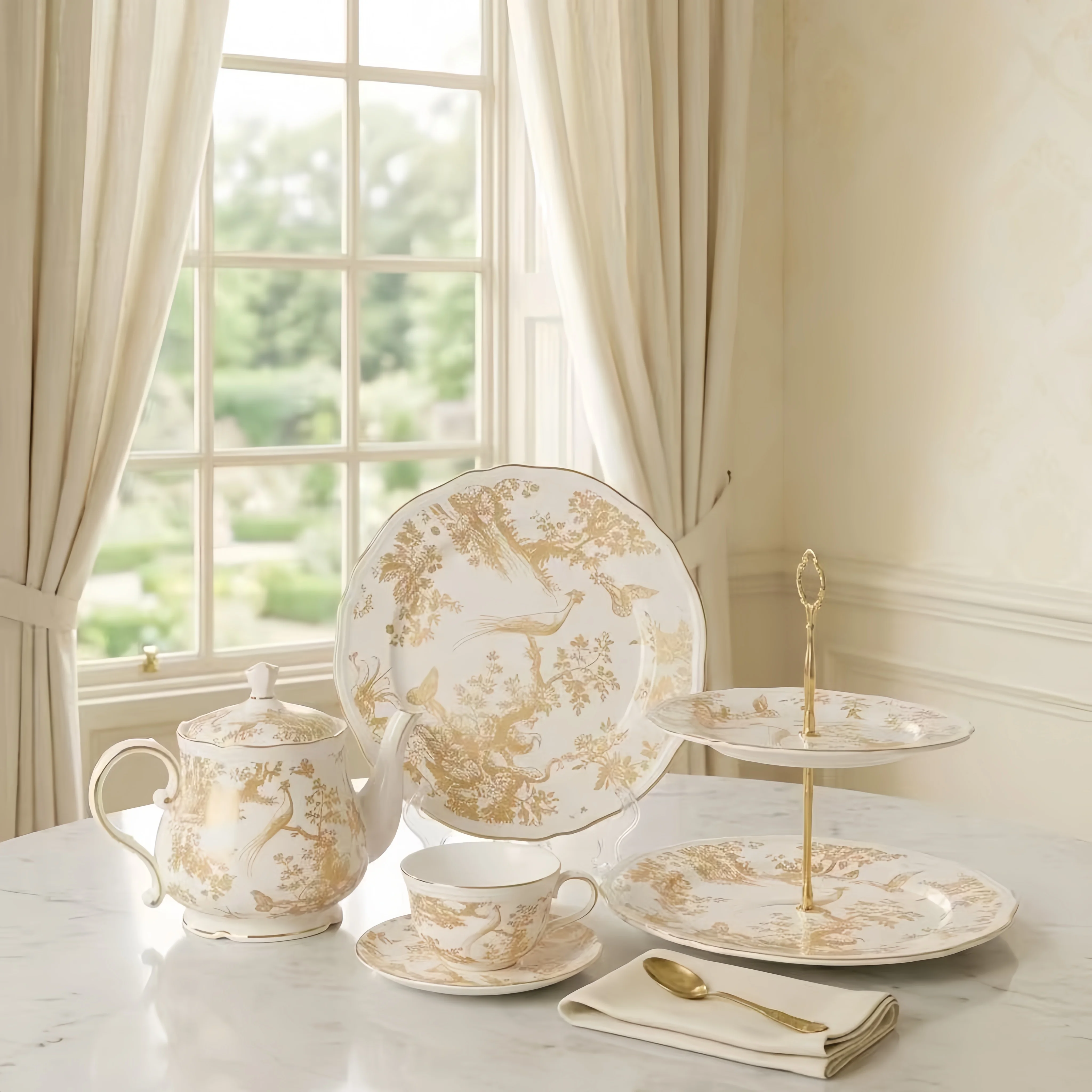 Elegante porseleinen servies- en theeset met gouden rand en vintage vogel-bloemmotief, aanpasbare tafelsets voor bruiloft, hotel en feest