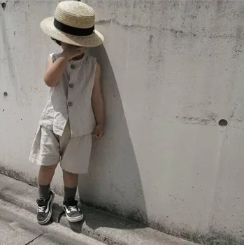 Ins Japanese Style Cotton Linen Kids Casual Two-Piece Set Solid Summer Cardigan Vest + Shorts Outing Suit