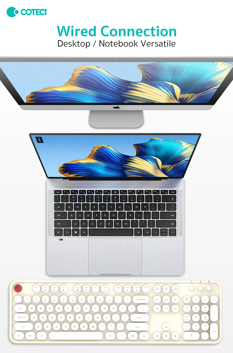 Coteci 84018 104 Keys Wired Keyboard 5 Coteci Keyboard Mouse Combination Retro Cordless Office USB Dot Wired 104 Keys Desktop Standard Dome USB 2.0 3 Keys US Layout