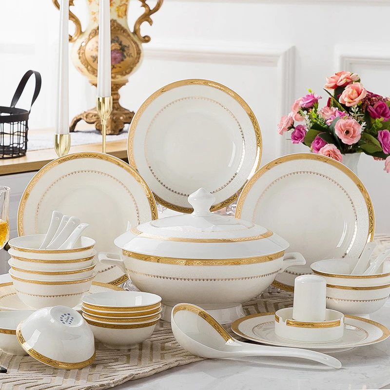 57 Pcs Gold Rim Bone China Porcelain Dinner Plate Set Dinnerware Sets