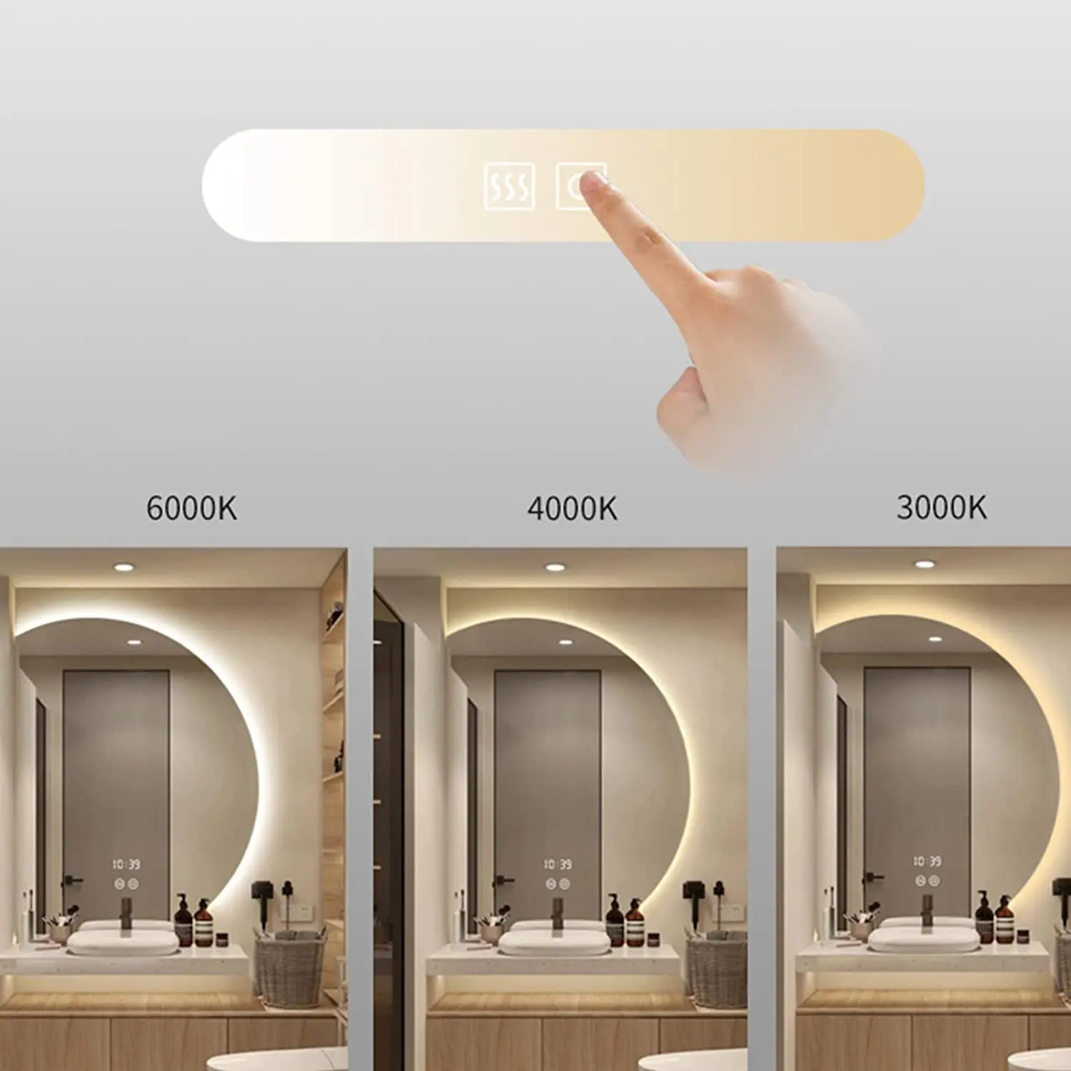New Designs Modern Decorative Wall Irregular Half Circle Led Light Touch Sensor Switch Mirror for Bathroom