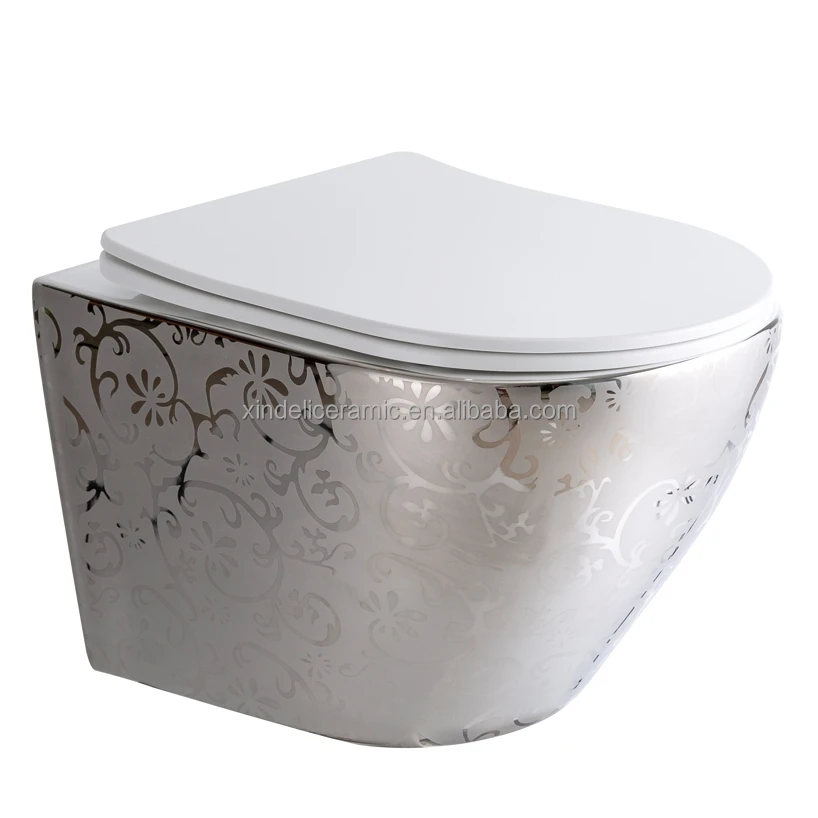 Silver Drawing Pattern Modern Home Bathroom Ceramic Rimless Wall Mounting  Wall Hung Wc Hanging P Trap Toilet