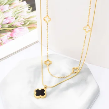 Manufacturer custom wholesale brand jewellery,18K stainless steel jewelry double layer Clover Necklace,custom jewelry wholesale