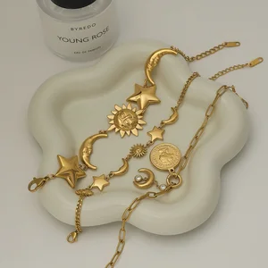 MW Waterproof Stackable Coin Sun Pendant Beach Ocean Star Moon Bracelet 316l Stainless Steel Jewelry 18k PVD Gold Bracelet