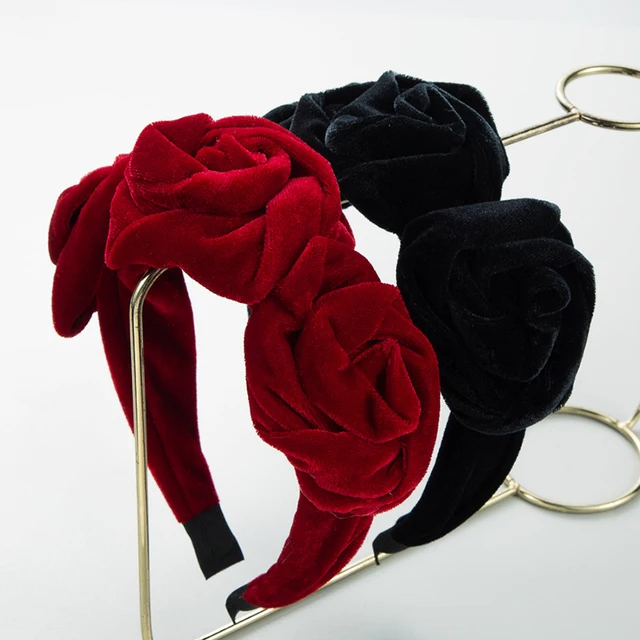 Korean Solid Color Hair Band Red Black Velvet Fabric Flower Headband Women Girls Temperament Hair Hoops Accessories