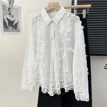 2024 Spring and Autumn fashion irregular lace long-sleeved blouse sweet gentle flower shirt woman