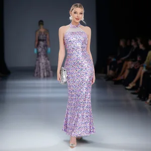 New Women's Clothing Neck-Hanging Sequined Elegant Dress Slim-Fitting Fish-Tail Long Dress Women's Evening Gown