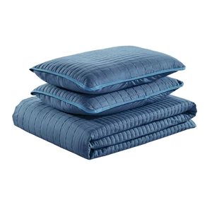 Navy Blue Color Microfiber Fabric Square Design Embroidery Bedspread Quilt