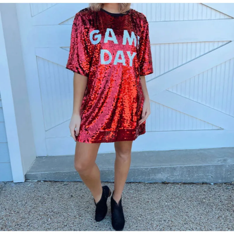 Red Sequin Sequin Jersey Shirt Dress One Size Double Zero Sequin