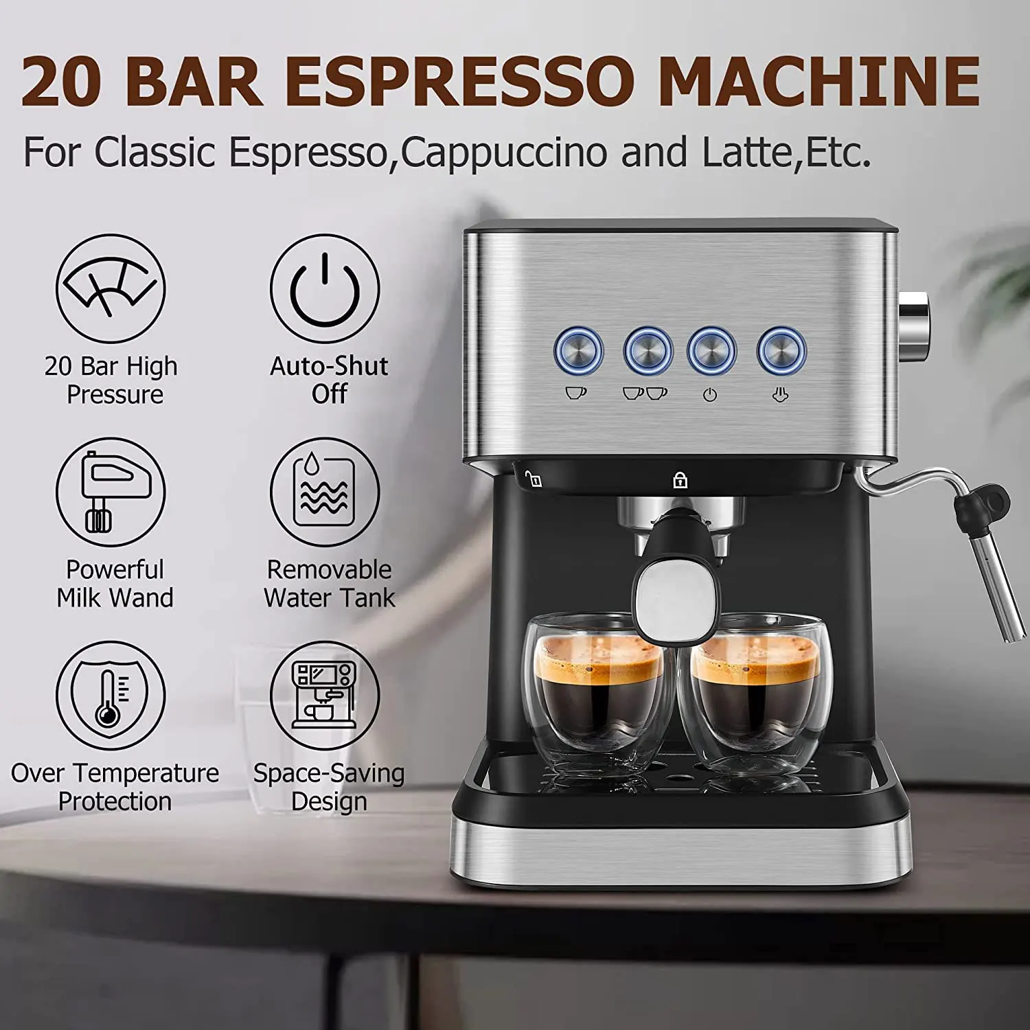20 Bar High Pressure Espresso Coffee Machines With Powerful Milk Wand ...