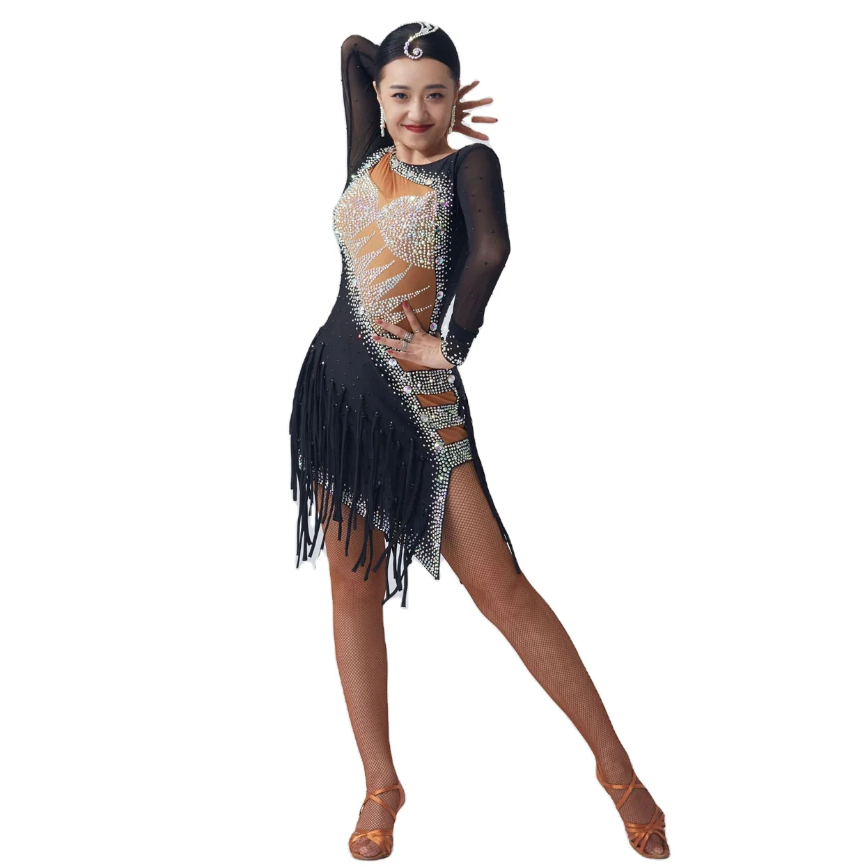 L-2054 New Tailored Competition Latin Tassels Dress New National Standard  High Quality Latin American Dresses for Adult Women