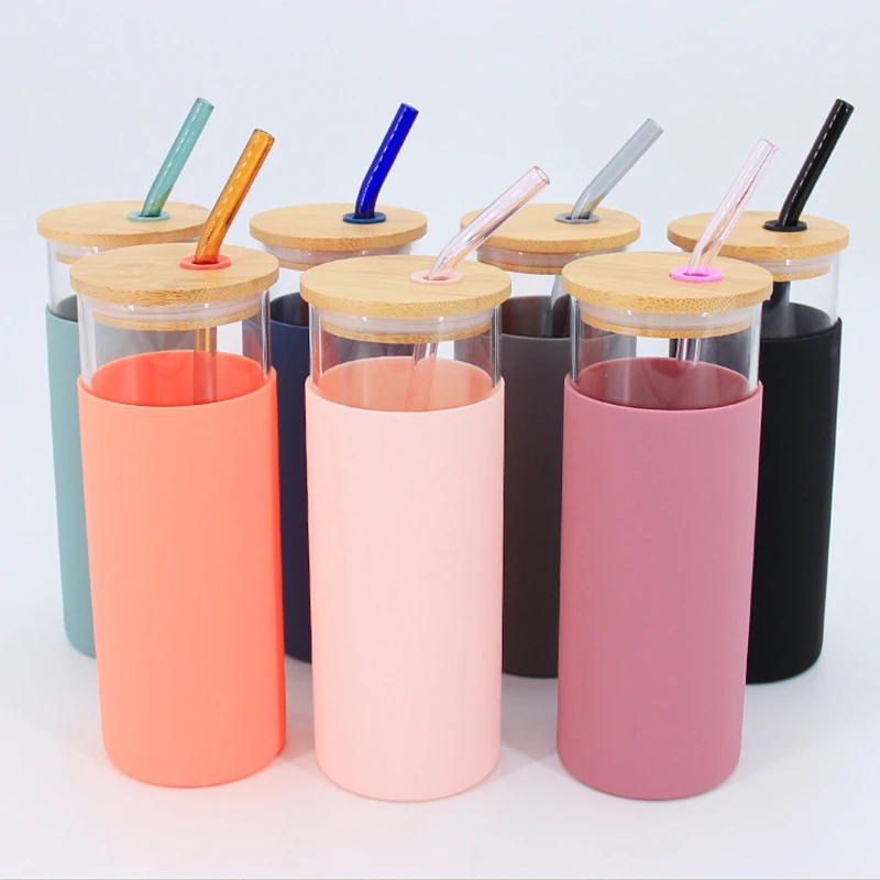 16oz 500ml Glass Tumbler Glass Water Bottle Straw Silicone Protective  Sleeve Bamboo Lid factory and manufacturers