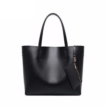 2018 Chinese Factory Wholesale Black Genuine Leather Lady Tote Bag Handbag for Women