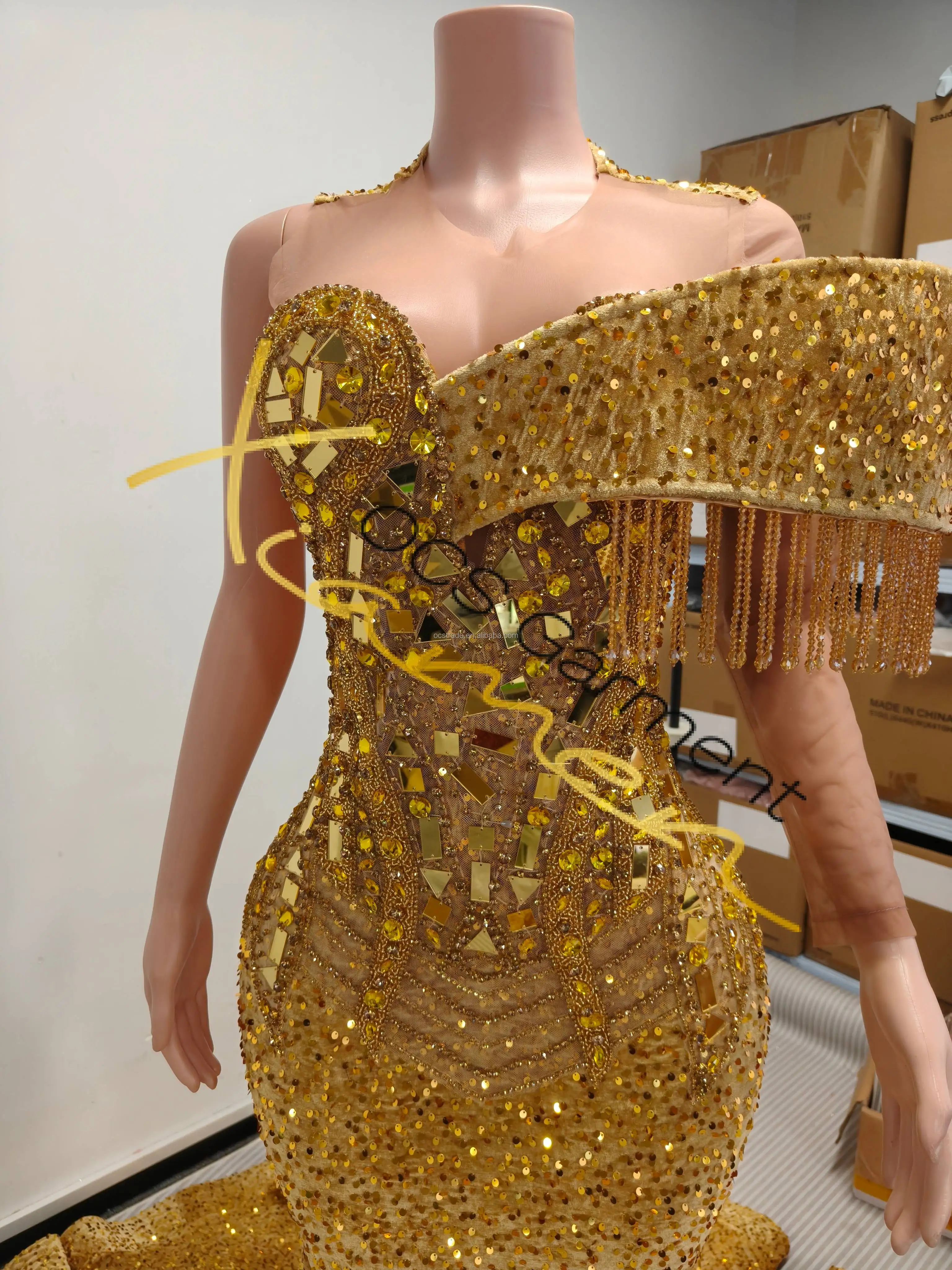 Ocstrade MOQ 1 PCS Handmade Womens Gold Tight Evening Dress Rhinestone  Applique Custom Long Train Orange Prom Dresses Elegant