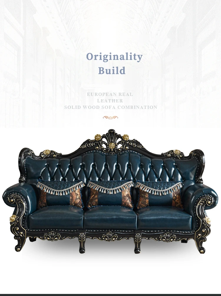 Europeanstyle Leather Combination Sofa Solid Wood Ebony Luxury Sofa