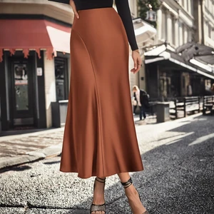 Satin High Waisted A-Line Midi Skirt for Women Casual Elastic Pleated Acetate Fabric High Summer Season