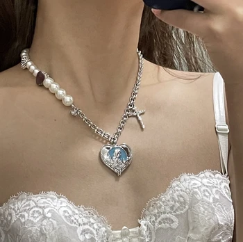Diamond Heart Virgin Pearl Jewel Cross Hip Hop Birthstone Necklace Women