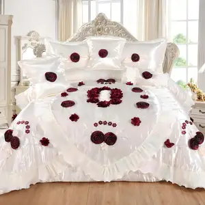 Eco-Friendly 300 Thread Count Duvet Cover Set, 6 Piece Luxury Satin King Bedding with Lace Wrinkle Resistant