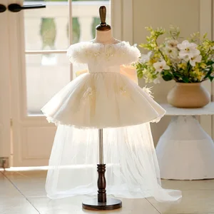Summer Beaded Tulle Elegant Flower Girls Wedding Dresses Baby Girl Evening Party Gown Princess Clothes for Kids 1-12 Y