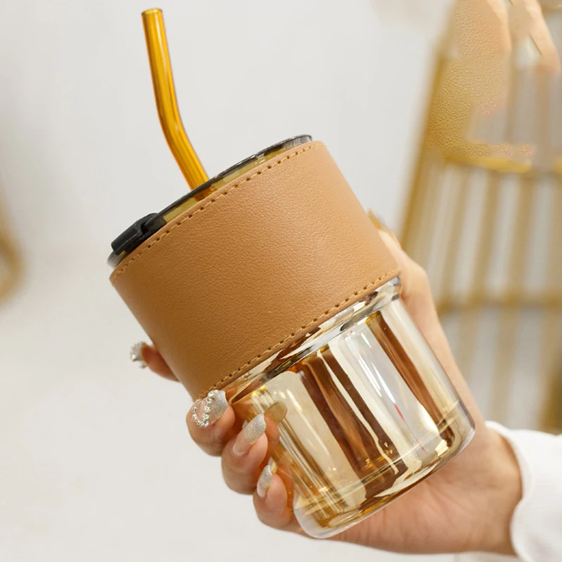 Custom Creative Transparent Glass Thermal Insulation Glass Coffee Mug Portable Leather Case With Lid Straw