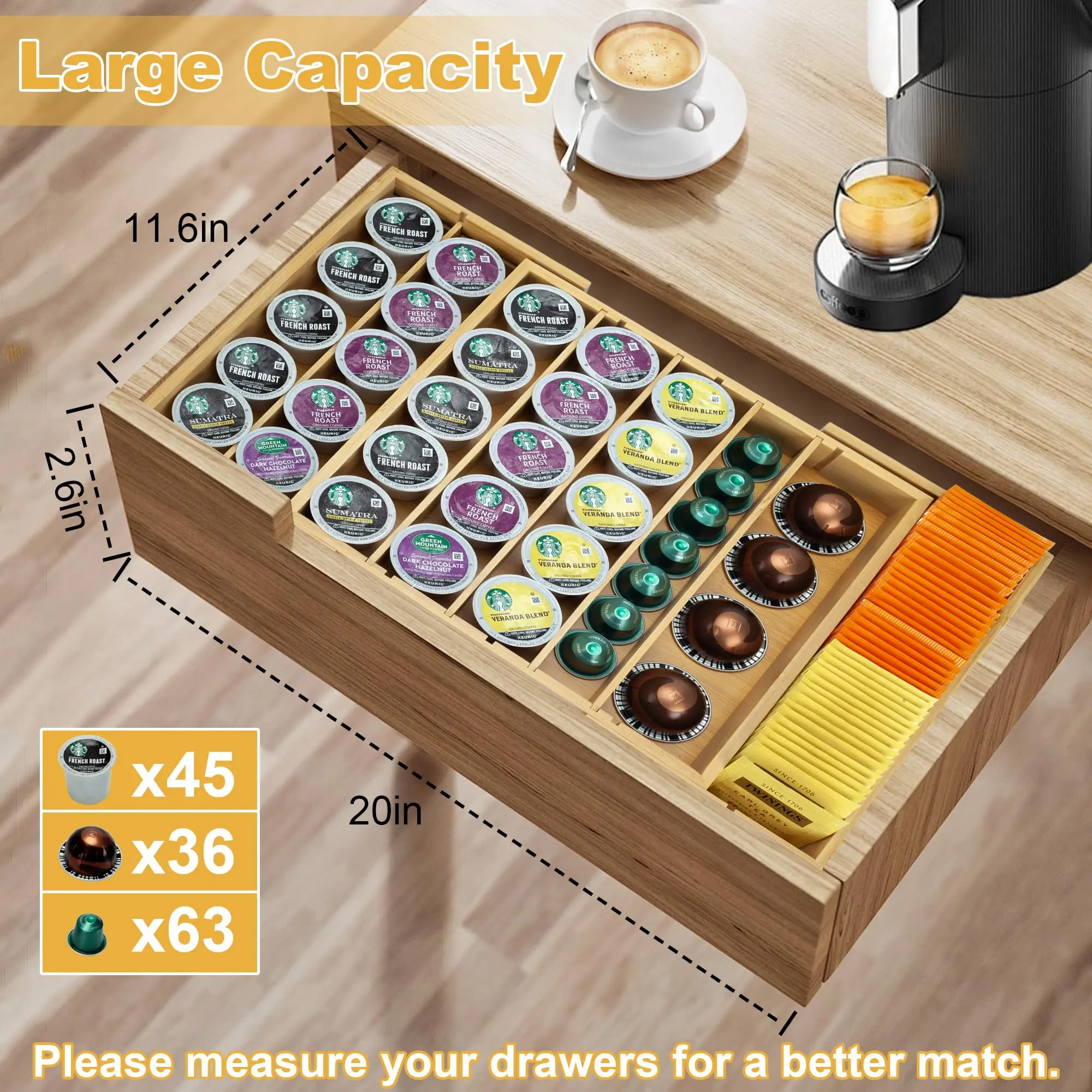 product modern bamboo k cup holder drawer organizer expandable countertop coffee bag storage stand for office or kitchen use-8