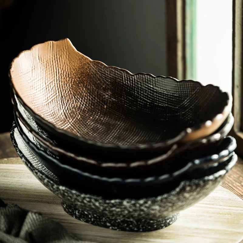Retro Japandi Style Double-Pointed Curved Large Salad Bowl Creative Ceramic Tableware Set Sustainable Pottery Bowls for Parties