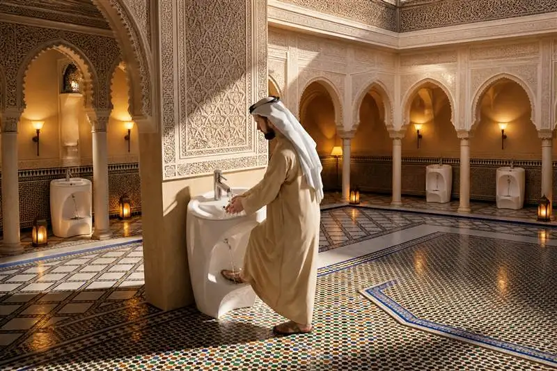 info-1-1 Man performing wudu at a wash station in an ornate mosque washroom