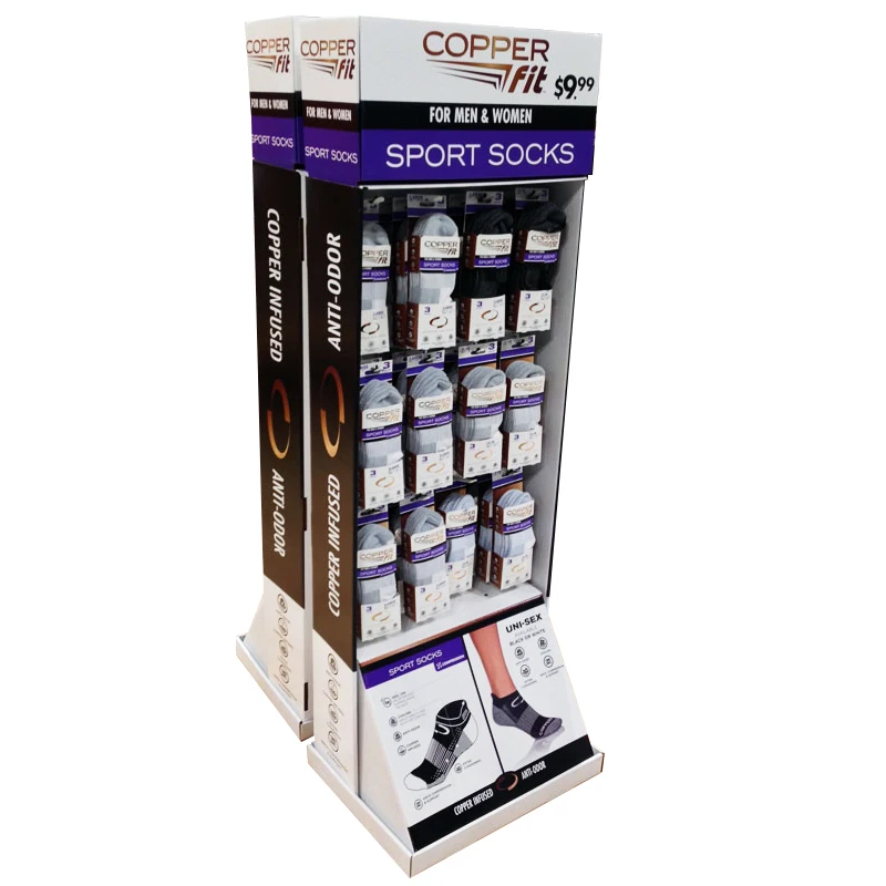 Shops Floor Cardboard Pos Carton Display with Hooks Sports Product Pegboard Hanging Socks Display Stand with Hooks