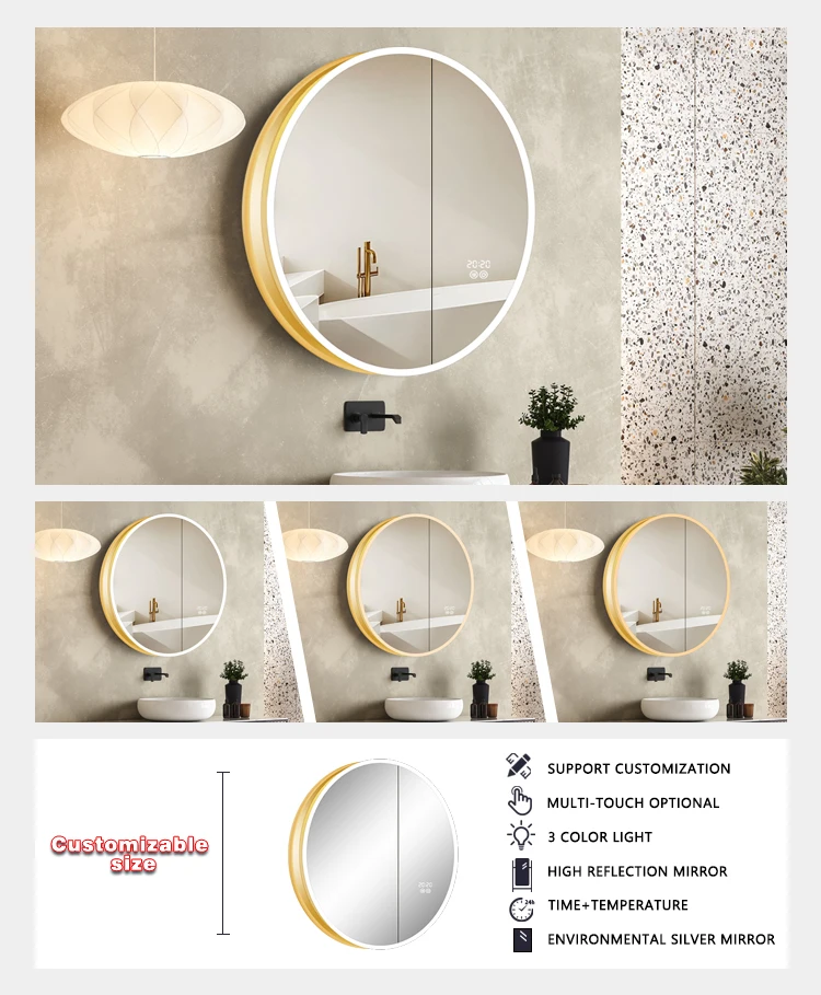 product hot sale europe aluminium round anti fog mirror cabinet led light wall mounted tempered glass medicine cabinet-4