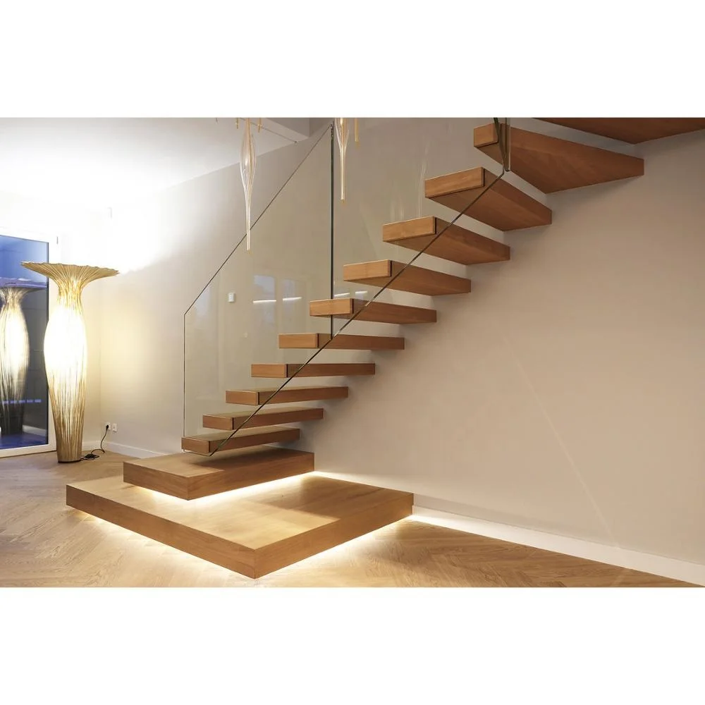 Modern Double Stringer Steel Staircase Design Wood Steps U Shaped Staircase Glass Railing