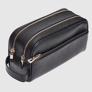 Custom Logo Saffiano Black Leather Unsex Toiletry Bag Zipper Travel Cosmetic Makeup Pouch for Men