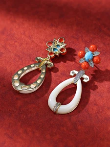 Geometric Earrings with Resin and Brass Inlay, Zircon Adorned Stud