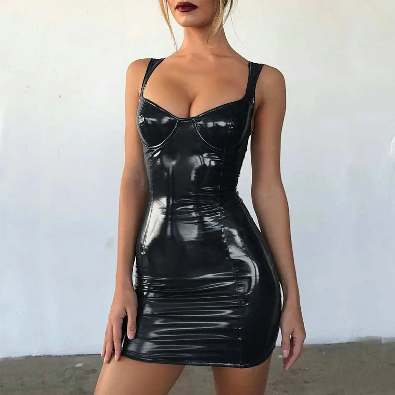 Women Latex Faux Leather Bodycon Mini Dress Sleeveless Strap Sexy Club Dress
