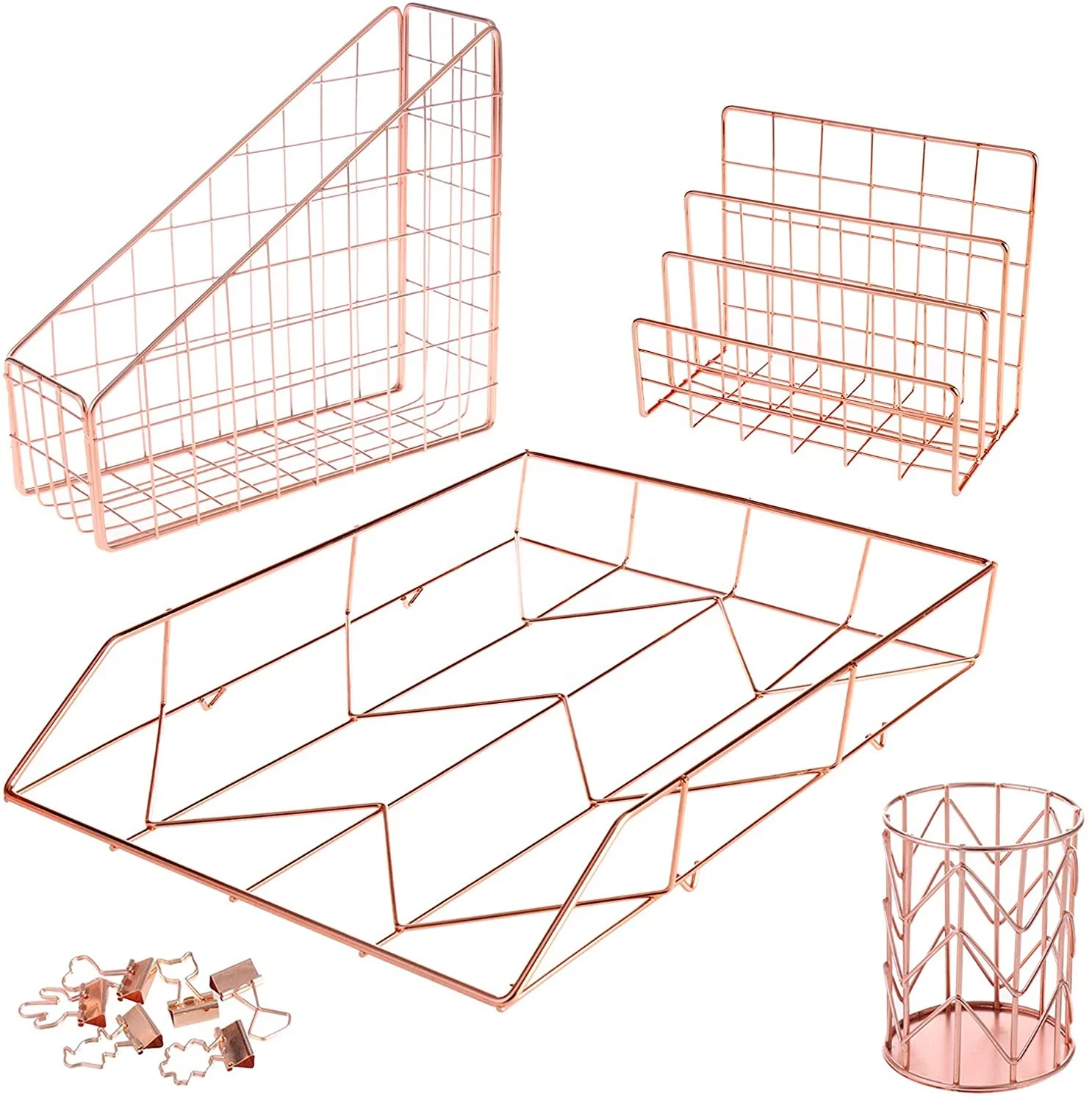 Sorbus Wire Metal 5 In 1 Desk Organizer Set - For Papers, Files, Writing Tools, And More (Copper