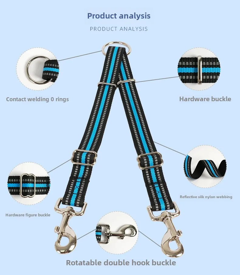 Double-Headed Reflective Eco-friendly Nylon Dog Walking Leash Solid One-to-Two Strap with Ribbon Decoration for Large Breed Dogs