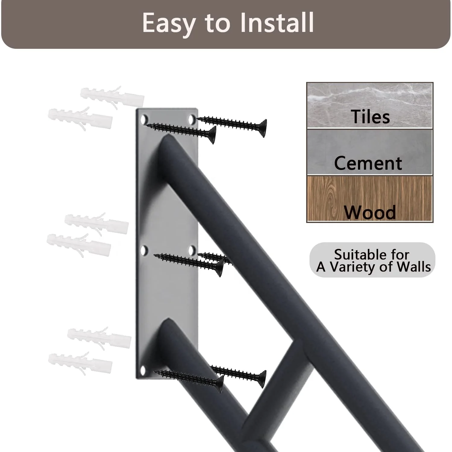 GORWARE Außenhandlauf Schwarz, U-förmig, 71,1 Cm – Für Treppen Mit 1–3 Stufen, Robuste Wandmontage, 227 Kg Belastbar