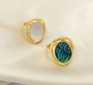 Bespoke 18k Gold & Rhodium Plated Reversible Ring Custom Engagement/Anniversary Jewelry with Mother & Abalone Pearl Flip Ring
