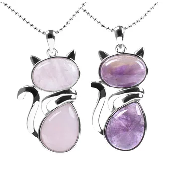 Custom Cute Natural Rose Quartz Stone Cat Gemstone Pendant Silver Women Necklace Jewelry For Women