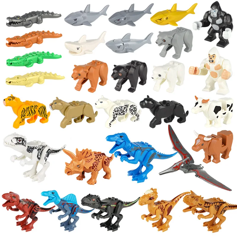 Wild Animals Model Building Blocks Shark Crocodile Cow Cattle Panda Horse Bear Leopard Animals Figure Bricks