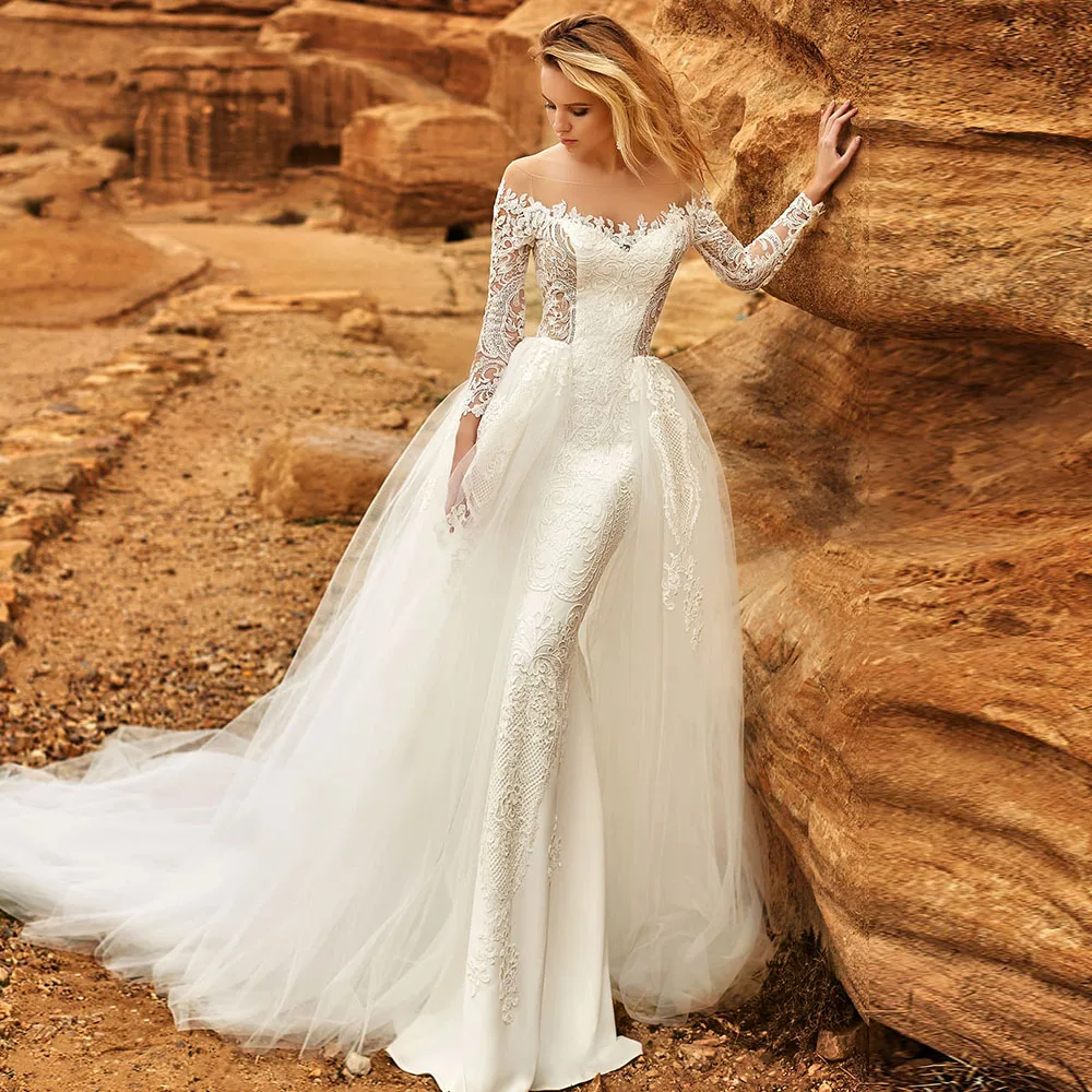 chinese dress ladies Ivory Long Cape Sleeve Lace Mermaid Trumpet Wedding Dress 36 main image 1