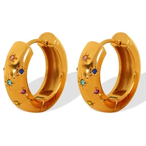 18K Gold Disco Earrings Light Luxury Ins Fashion Colored Rhinestones Niche Shining Eight-Pointed Star Ear Stainless Steel