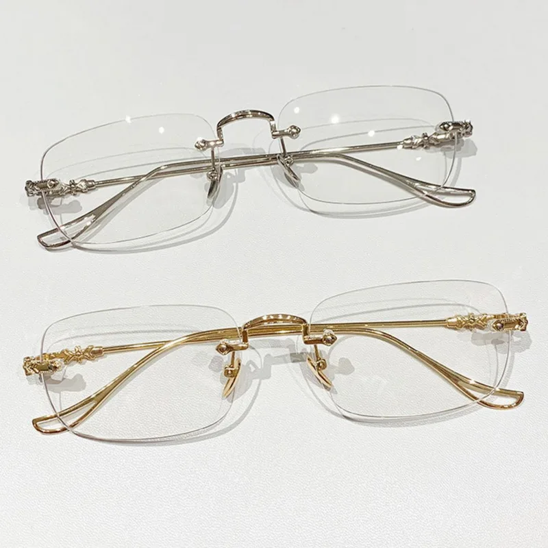 Small Rectangular Frame Anti Blue Light Photochromic Reading Glasses Women Mental Vintage Rimless Eye Protection Spectacles