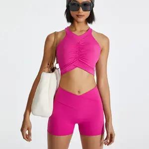 Solid Color V Cut Butt Lift Biker Shorts Cross Back Crop Top 2 Piece Suit Gym Active Wear Work Out Sets for Women