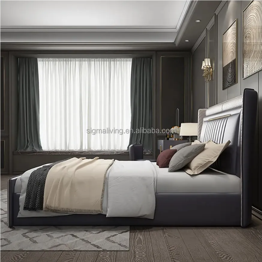 Modern frame wingback headboard upholstered cal king bed platform bed