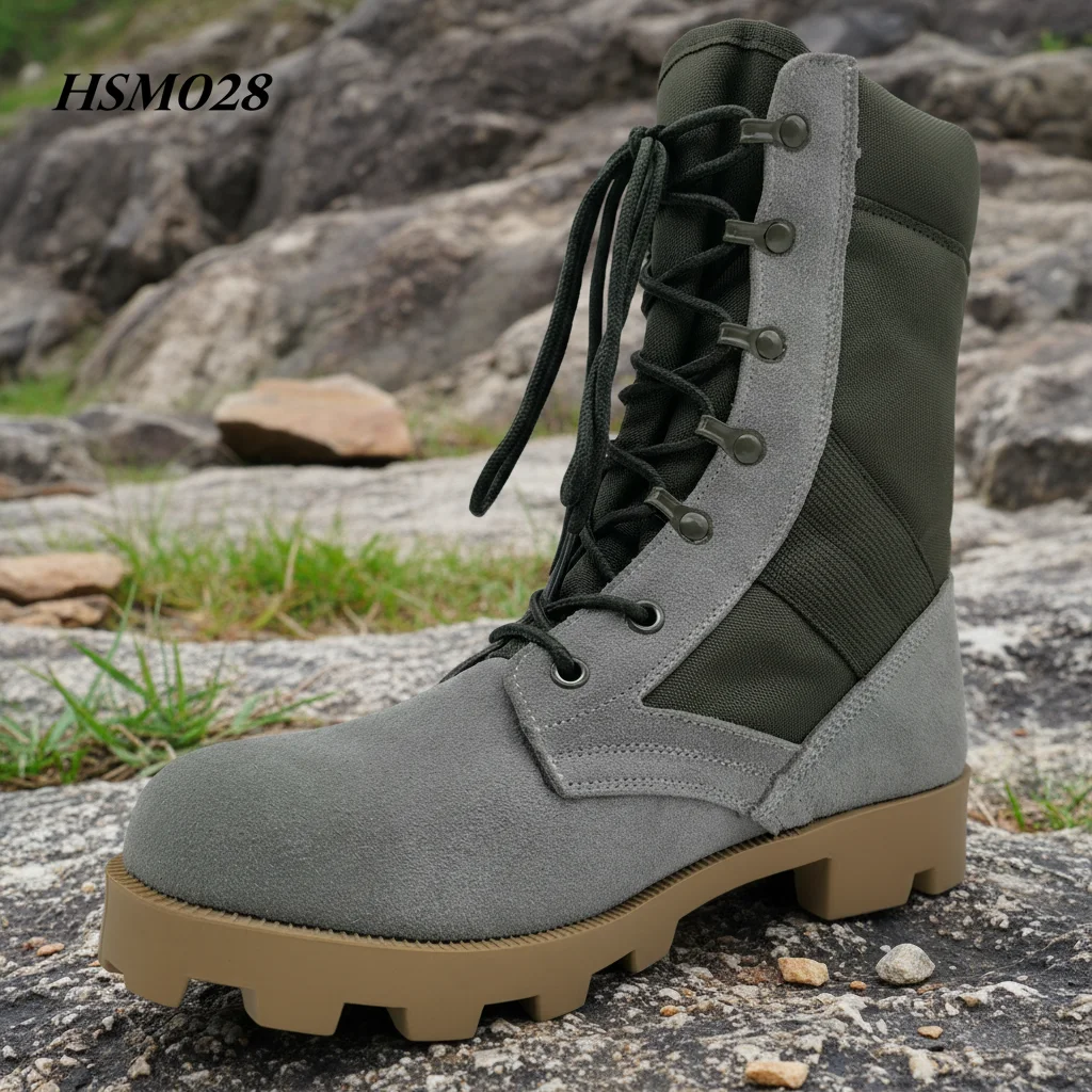 HY,Philippines Market Popular Anti-tear Natural Suede Leather Green Combat Boots Reliable Grip Rubber Sole Hunting Boots HSM028