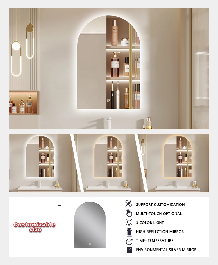 product led smart arched bath mirror ip44 anti fog toilet mirror luminescent ccc certified bathroom mirror touch screen-4