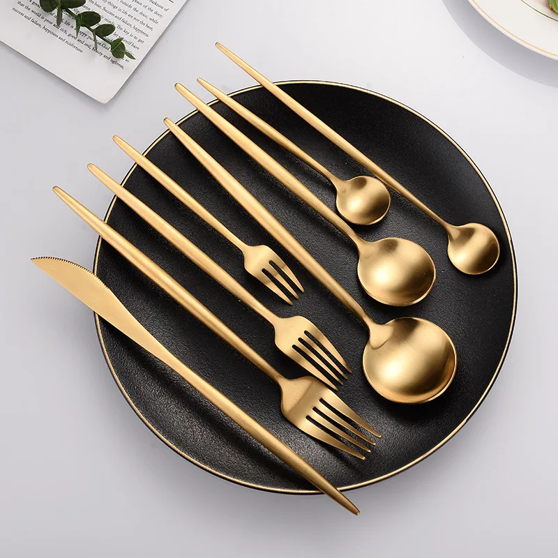 Hotel Wedding Golden Cutlery Set Stainless Steel Matte Fork And Knife