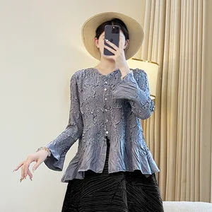 Miyake New Autumn Pleated Shirt 2025 Round Neck and Single Breasted Button Solid Color Design Elegant and Casual Women's Top