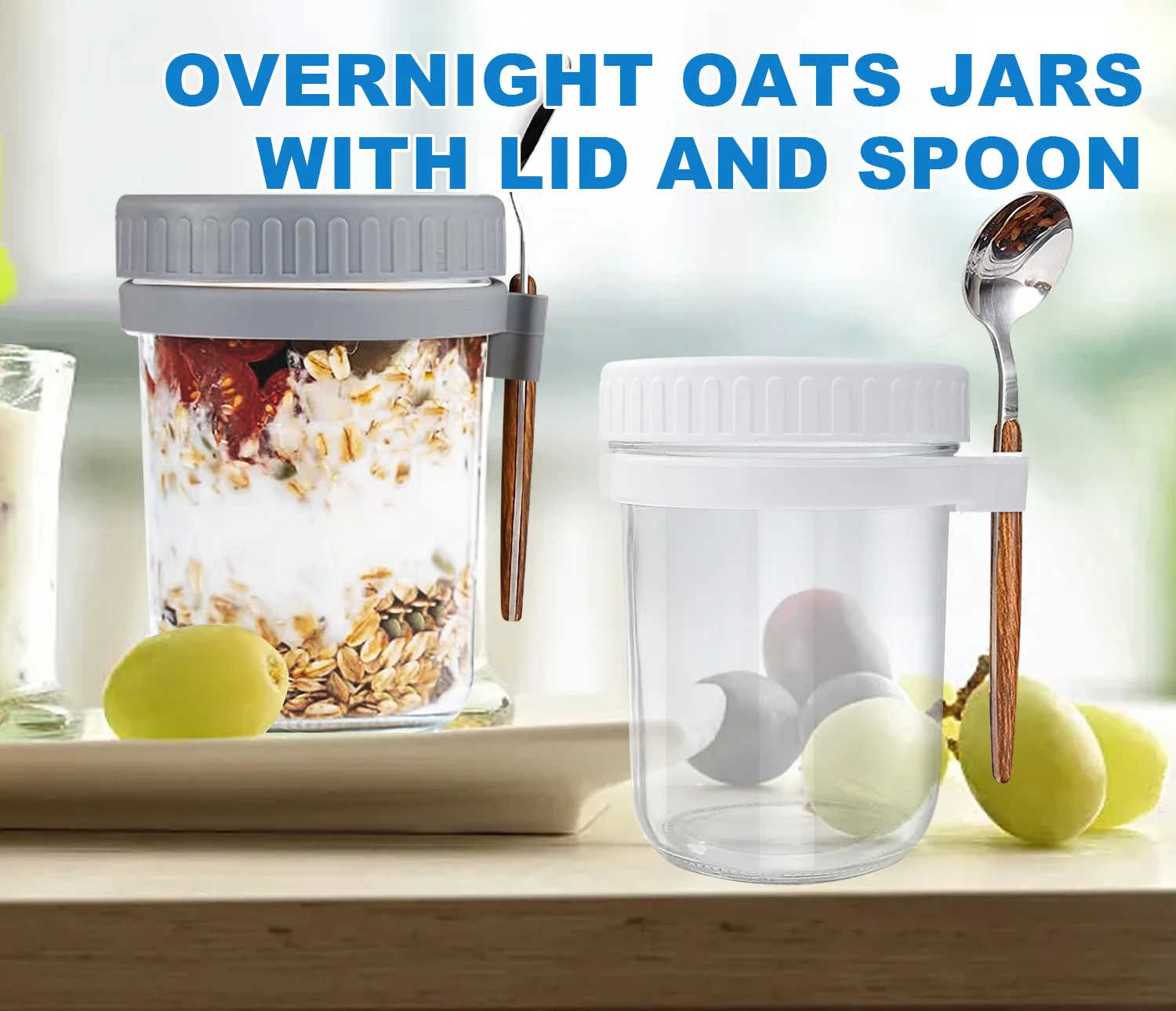 16oz Portable Glass Breakfast Overnight Oat Mason Jars Plastic ...