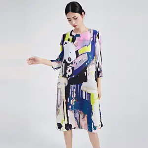 Miyake Women's High Collar Pleated Mid Dress Casual Loose Elastic Stretch Summer Dress Plus-Size Graffiti Print Available ODM